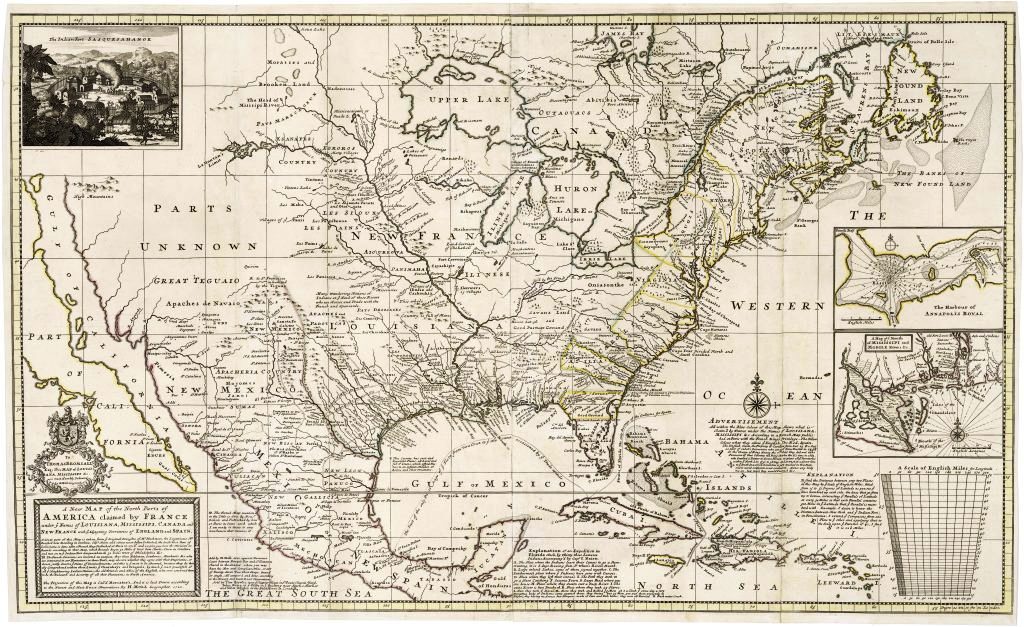 Mapa Mollovo vyhlásenie anglických územných nárokov v Severnej Amerike