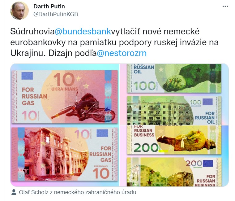 nové nemecké eurobankovky na pamiatku podpory ruskej invázie na Ukrajinu