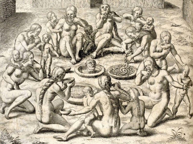 Kanibalizmus by bol úzko spojený s národmi Ameriky. De Bry by dokonca použil obrázky kanibalov, ktoré by slúžili ako vyrytý frontispis k zväzku 3. Ukázanie Tupinambá, ako jedia ľudské mäso, ich exotizovalo a ospravedlnilo európsku kontrolu.