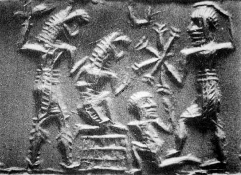 Hematitová valcová pečať z obdobia Isin-Larsa a starobabylonského, Attack by the Galas, the Babylonian demonic creatures